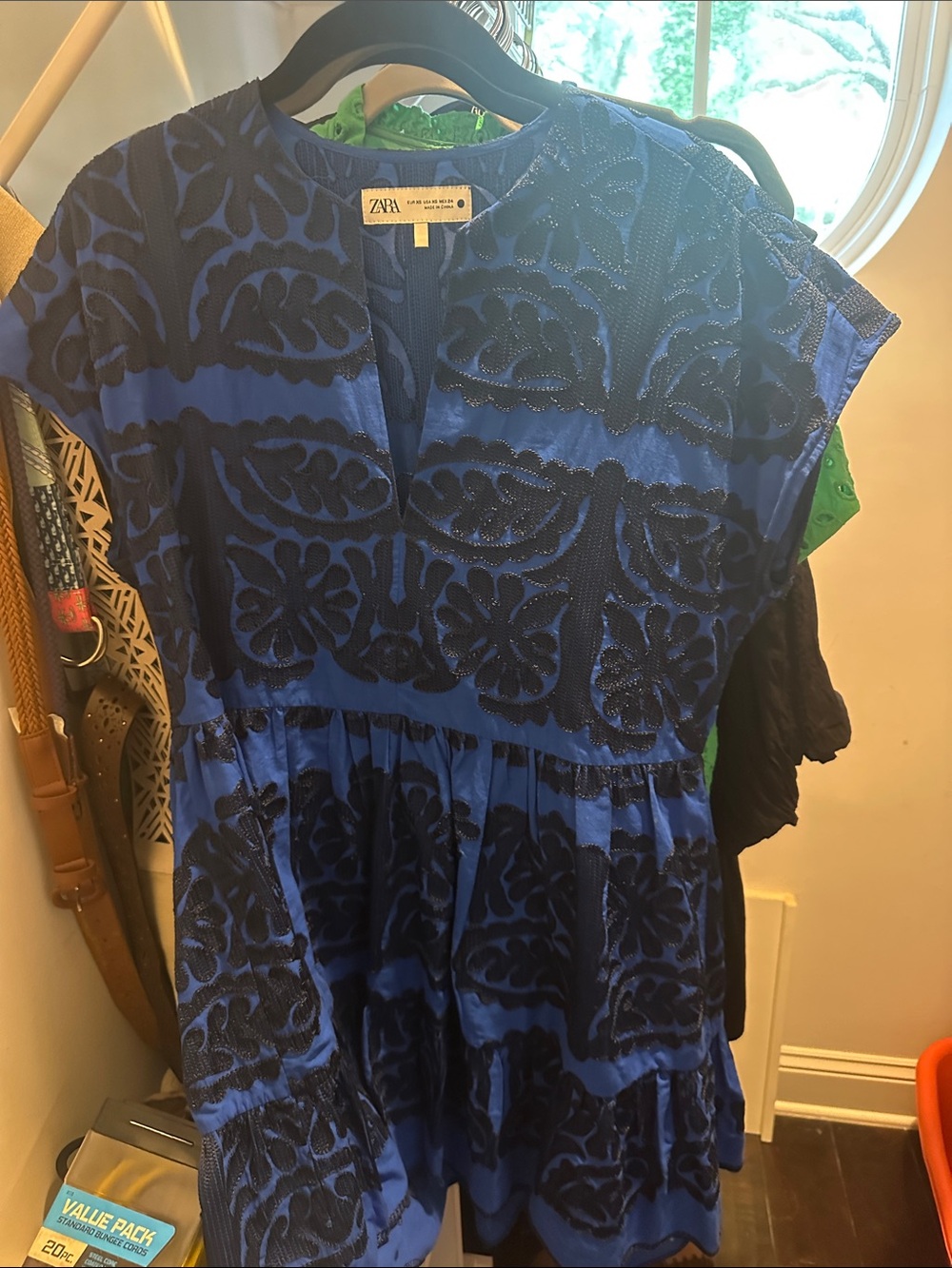 ZARA Blue Dress with Embroidered Navy Floral Motif
